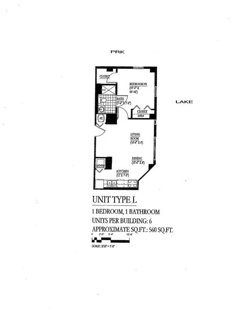 Floor plan for 1 bed, 1 bath, 560 sqft